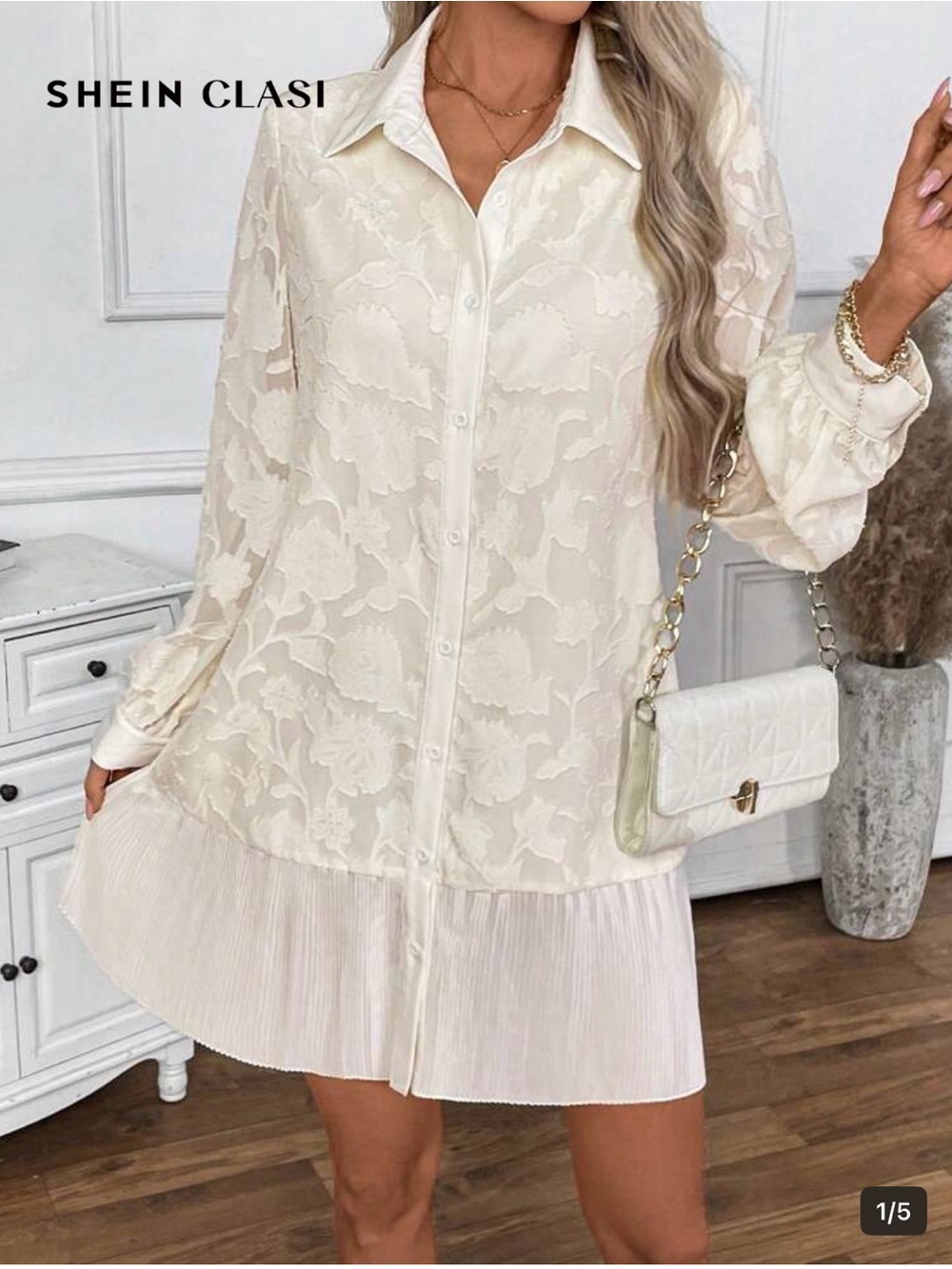 Ivory Floral Jacquard Long Sleeve Shirt Dress